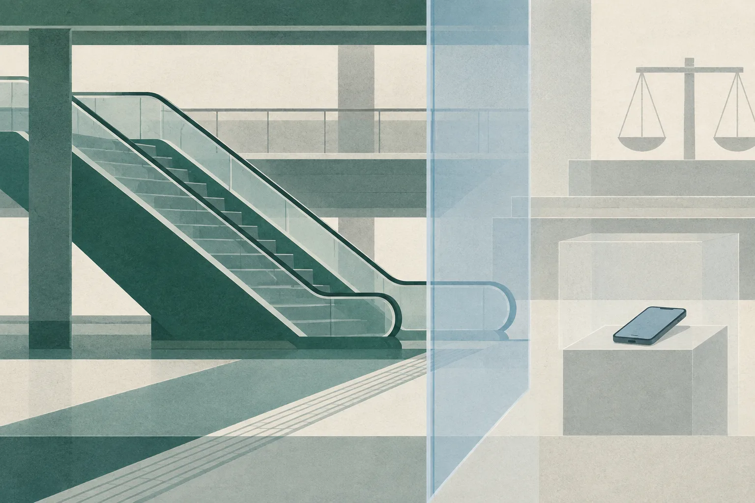 A simplified empty station escalator is divided by a translucent boundary, with an isolated mobile phone form and restrained horizontal bands suggesting an unresolved court process.