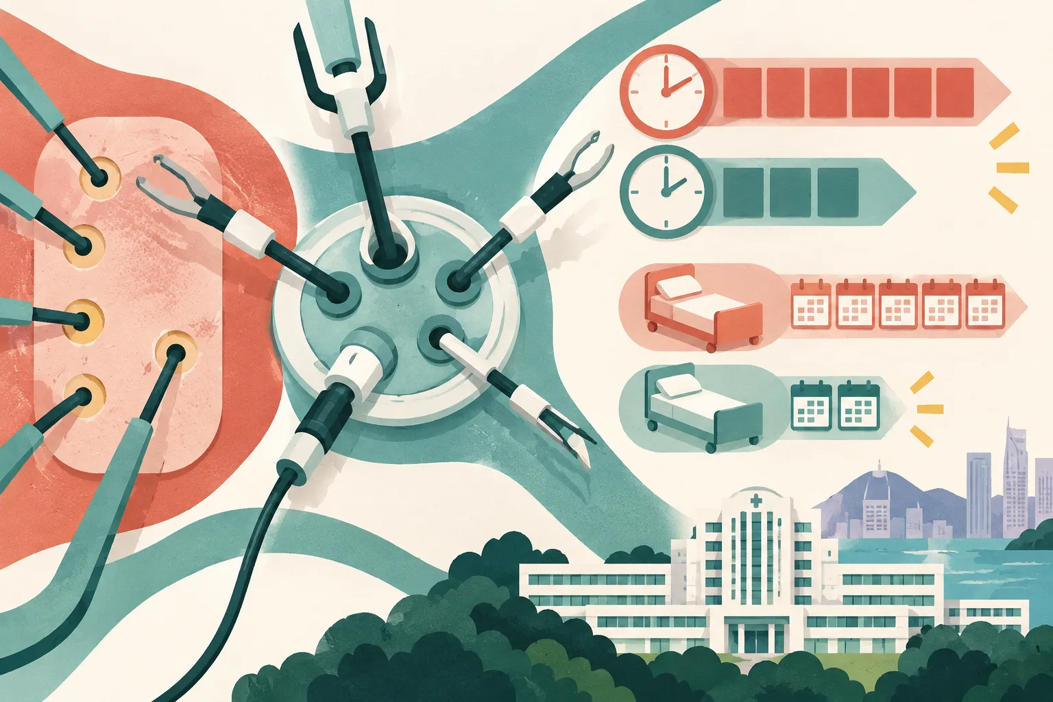 Top-down cut-paper diagram of a single circular medical access device with several instrument paths, contrasted with multiple smaller incision markers, shorter and longer time blocks, and a simplified hospital building form.