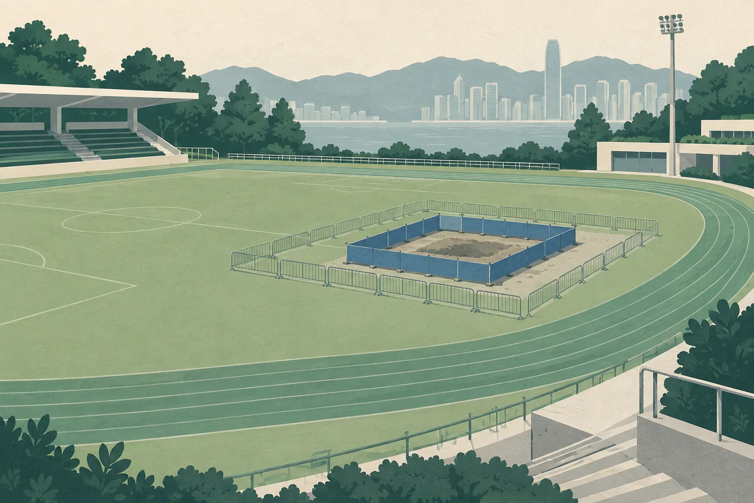 A flat cut-paper illustration of an empty sports field renovation area with a small sealed ground patch and a geometric safety perimeter, rendered in mineral blue, concrete grey, muted ochre and dusty teal.