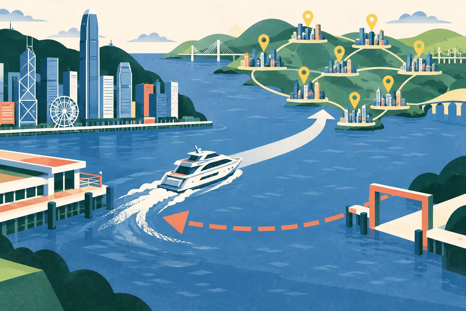 Cut-paper illustration of a yacht route linking two simplified harbour edges, with nine destination markers on one side and a dashed reciprocal route leading toward an unfinished gateway.