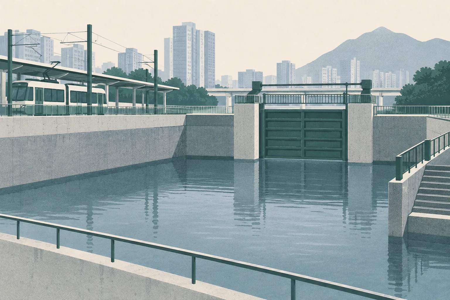 A quiet cut-paper illustration of a closed floodgate in a concrete water catchment beside a simplified light-rail station, with flat blue-grey water and an empty boundary marking the unresolved scene.