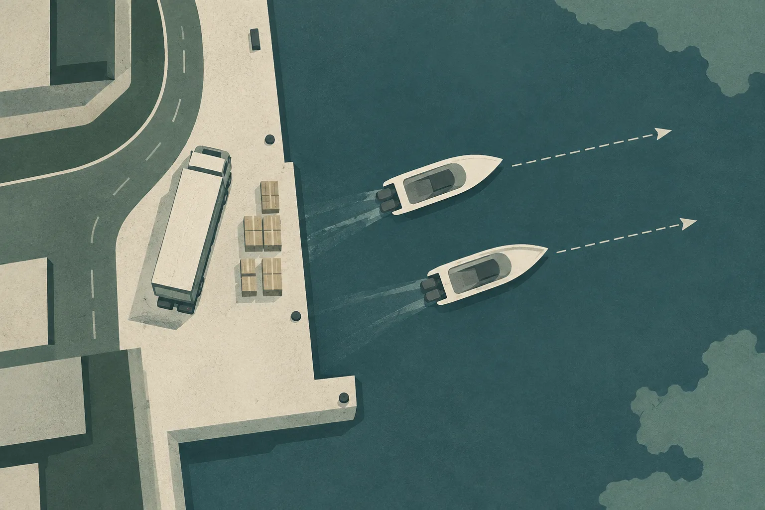 Top-down editorial illustration of a Hong Kong waterfront edge with two dark speedboat shapes offshore, a lorry beside the quay, grouped sealed cargo blocks, and restrained route lines leading toward open water.