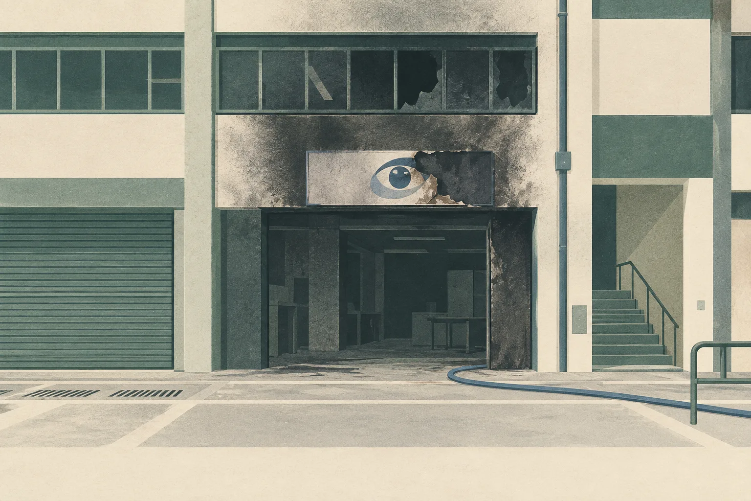 Flat cut-paper illustration of an industrial building frontage with one soot-darkened studio unit, a damaged abstract sign panel, and a cleared access strip with a small coiled hose form. No people, flames or text are shown.
