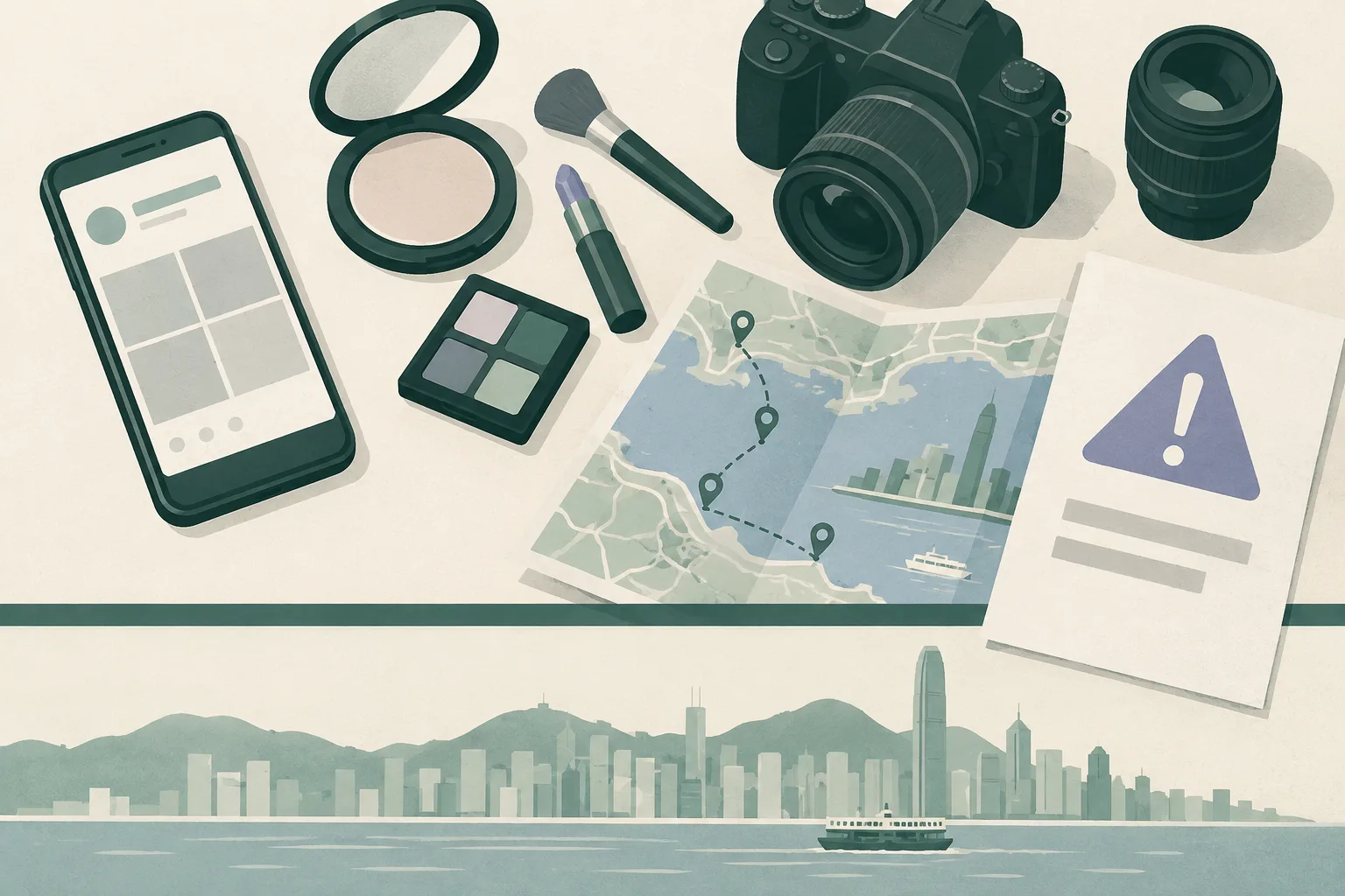 A top-down illustration of a smartphone, makeup supplies, camera equipment, a folded tourist map and a blank warning leaflet arranged around a thin geometric boundary line.