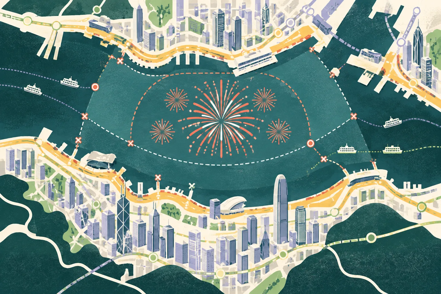 Top-down cut-paper illustration of Victoria Harbour with a geometric fireworks burst, layered marine restriction arcs, segmented waterfront road closures, and simplified ferry, bus and rail routes stopping or diverting at boundaries.