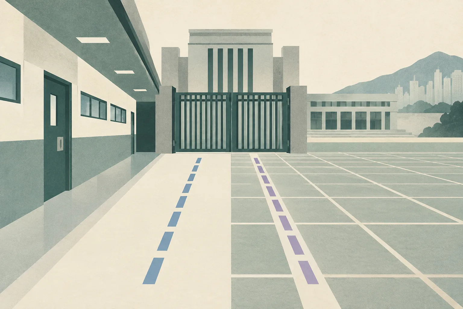 A sparse cut-paper architectural collage shows an empty institutional corridor beside a gridded training ground, with two interrupted paths meeting a firm blue judicial boundary.