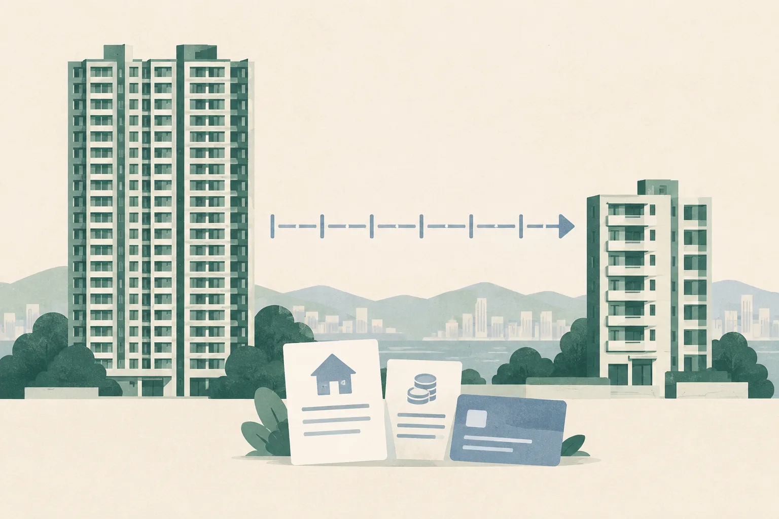 A quiet cut-paper illustration shows an intact apartment tower and a smaller new residential block connected by a measured line with six extension marks. Abstract mortgage and loan documents sit below, suggesting flexible repayment arrangements during a move between homes.