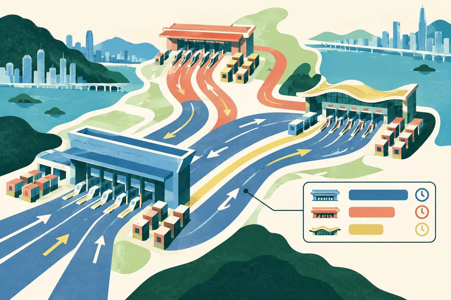 A top-down editorial diagram shows three simplified border checkpoint gateways connected by blue, coral, ochre and teal flow bands, with the widest band indicating the busiest route and small blocks representing added inspection counters and vehicle kiosks.