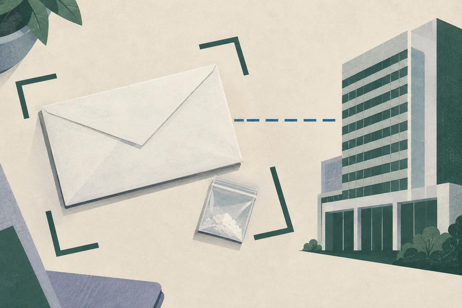 Top-down illustration of an unmarked envelope beside a small transparent pouch of unidentified white powder, arranged within a simple evidence boundary near an abstract office-building block.