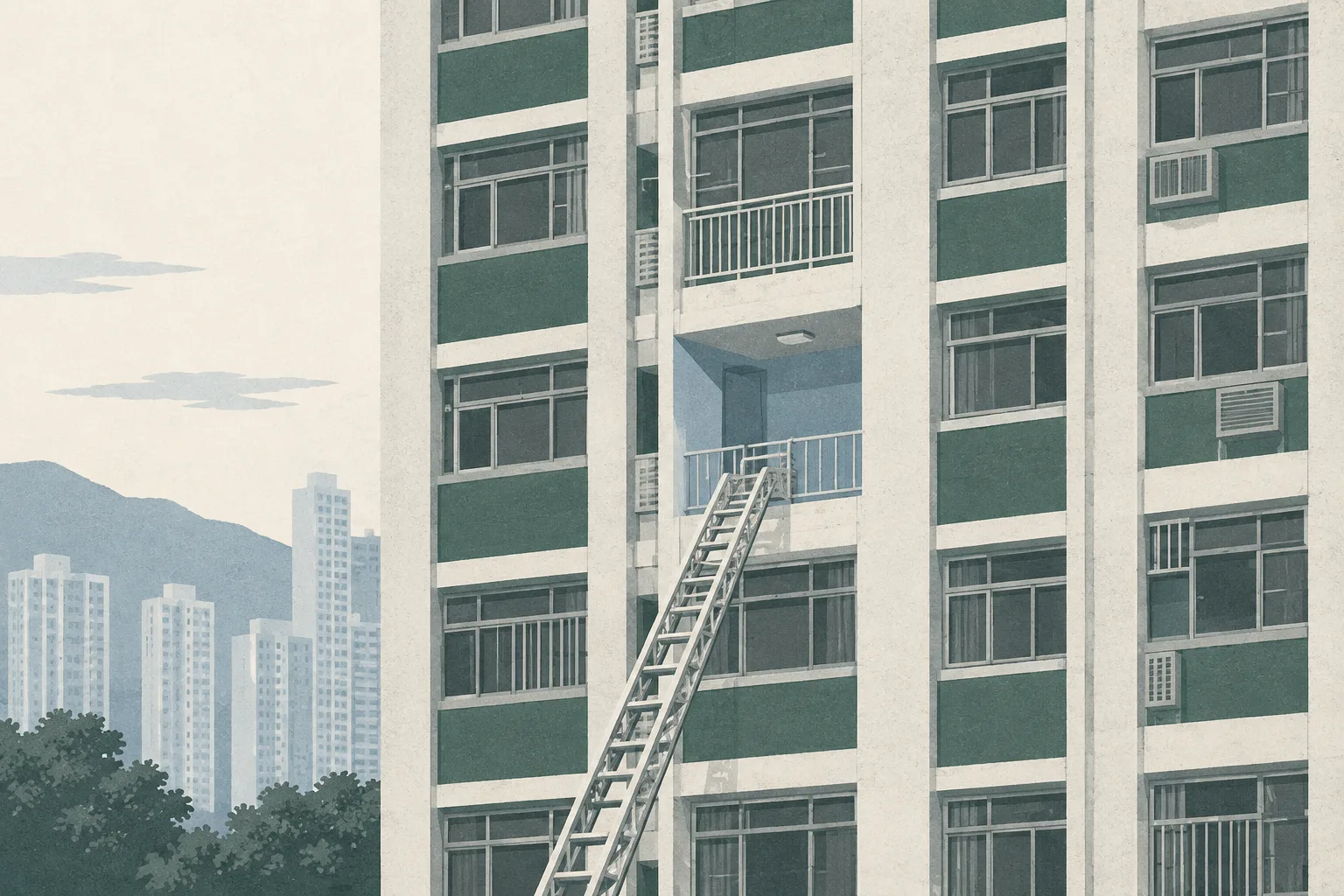 A quiet cut-paper illustration of a Hong Kong public-housing tower facade with one recessed platform and an unoccupied ladder reaching toward it, rendered in muted blue, grey and off-white shapes.