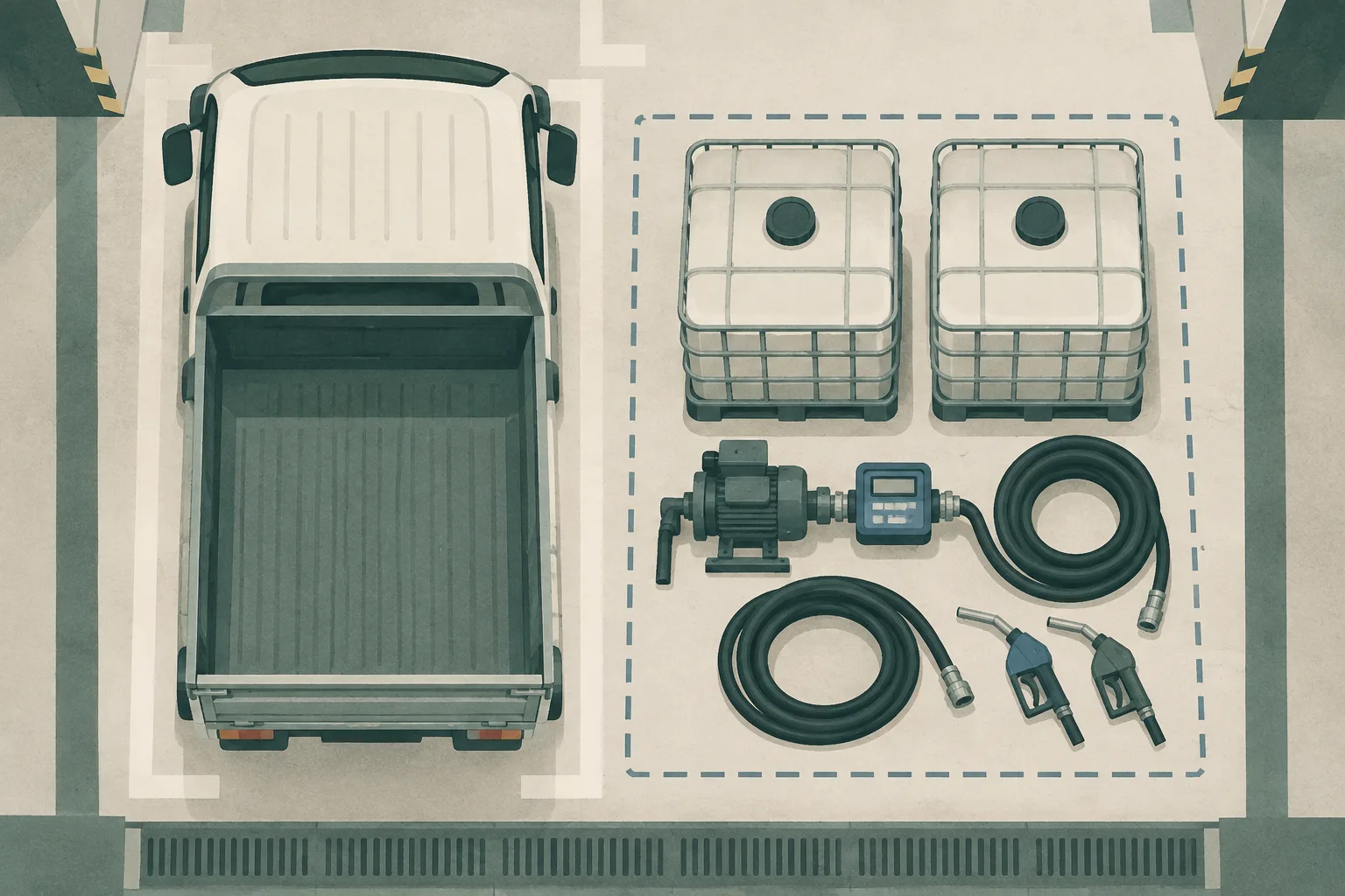 Top-down cut-paper illustration of a light goods vehicle cargo bed in an indoor loading area, with two storage containers, a pump, flow meter, hoses and nozzles separated within a clear inspection boundary.