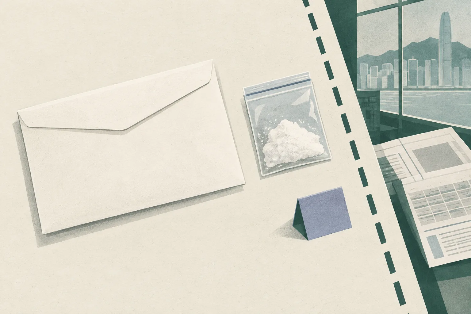Top-down editorial illustration of a plain sealed envelope, a small clear pouch of white powder, and an evidence boundary arranged beside a restrained office document grid in muted blue and neutral tones.