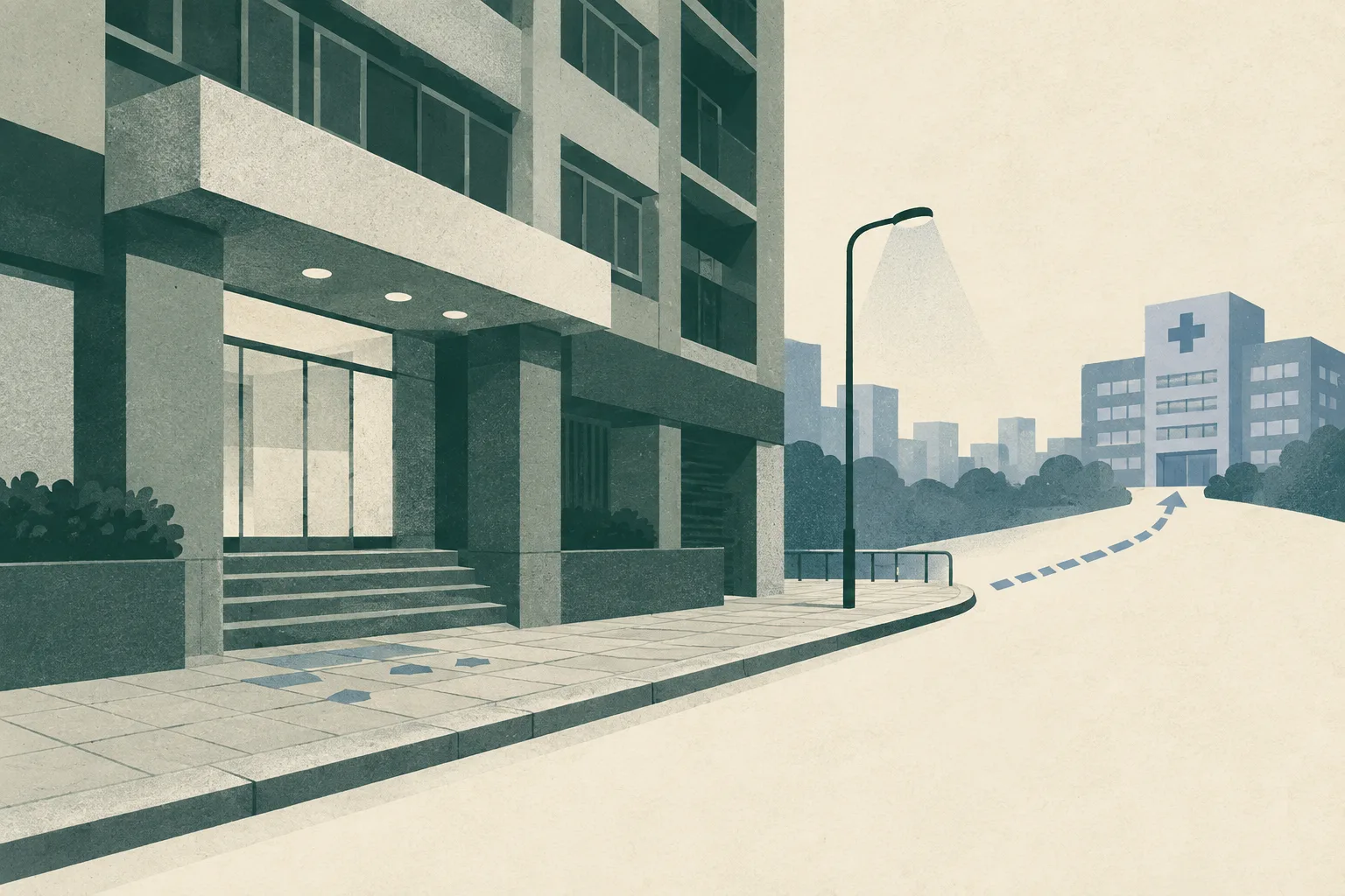 A quiet cut-paper streetscape shows a simplified multi-storey building beside an empty pavement, with a restrained route line leading toward an abstract hospital block and a few geometric paving fragments.