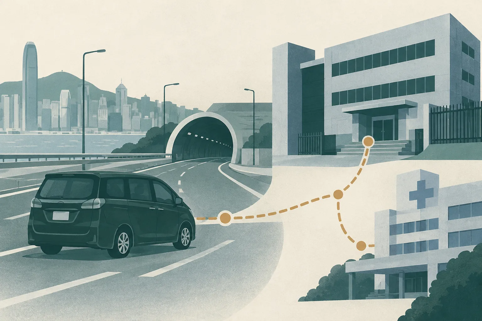 A restrained cut-paper collage shows an unmarked seven-seater stopped on a simplified tunnel road beside a plain civic building, linked by an interrupted route line to a small hospital block.