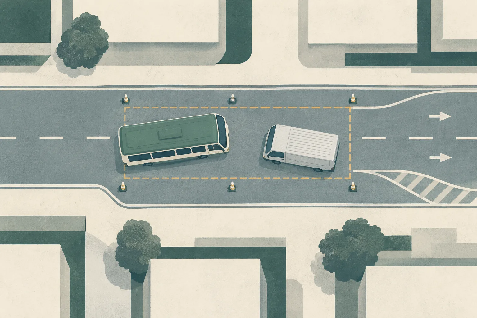 Top-down cut-paper illustration of a muted urban road with two intact simplified vehicle shapes, an offset obstruction zone and a restrained investigation boundary, showing disrupted traffic without people or crash damage.