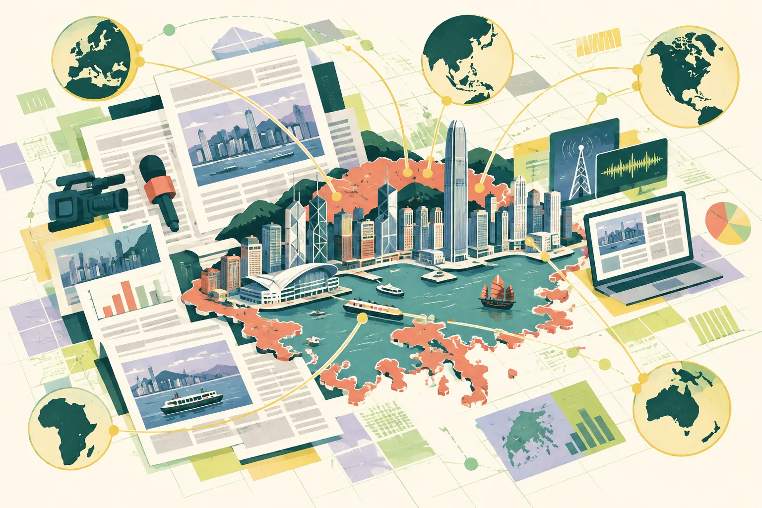 A cut-paper diagram shows a simplified Hong Kong skyline surrounded by blank newsprint panels, a planning grid, and geometric communication routes leading to distant circular nodes.