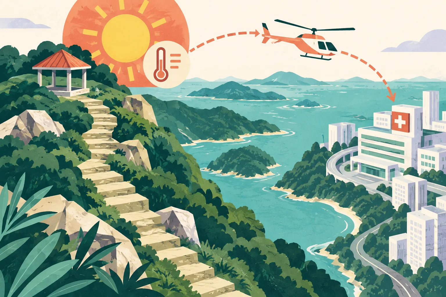 A top-down cut-paper diagram shows a stepped green trail leading from a pavilion marker past a warm heat-warning symbol, with a restrained flight path connecting the route to a simplified hospital block and a small 33.5C temperature marker.