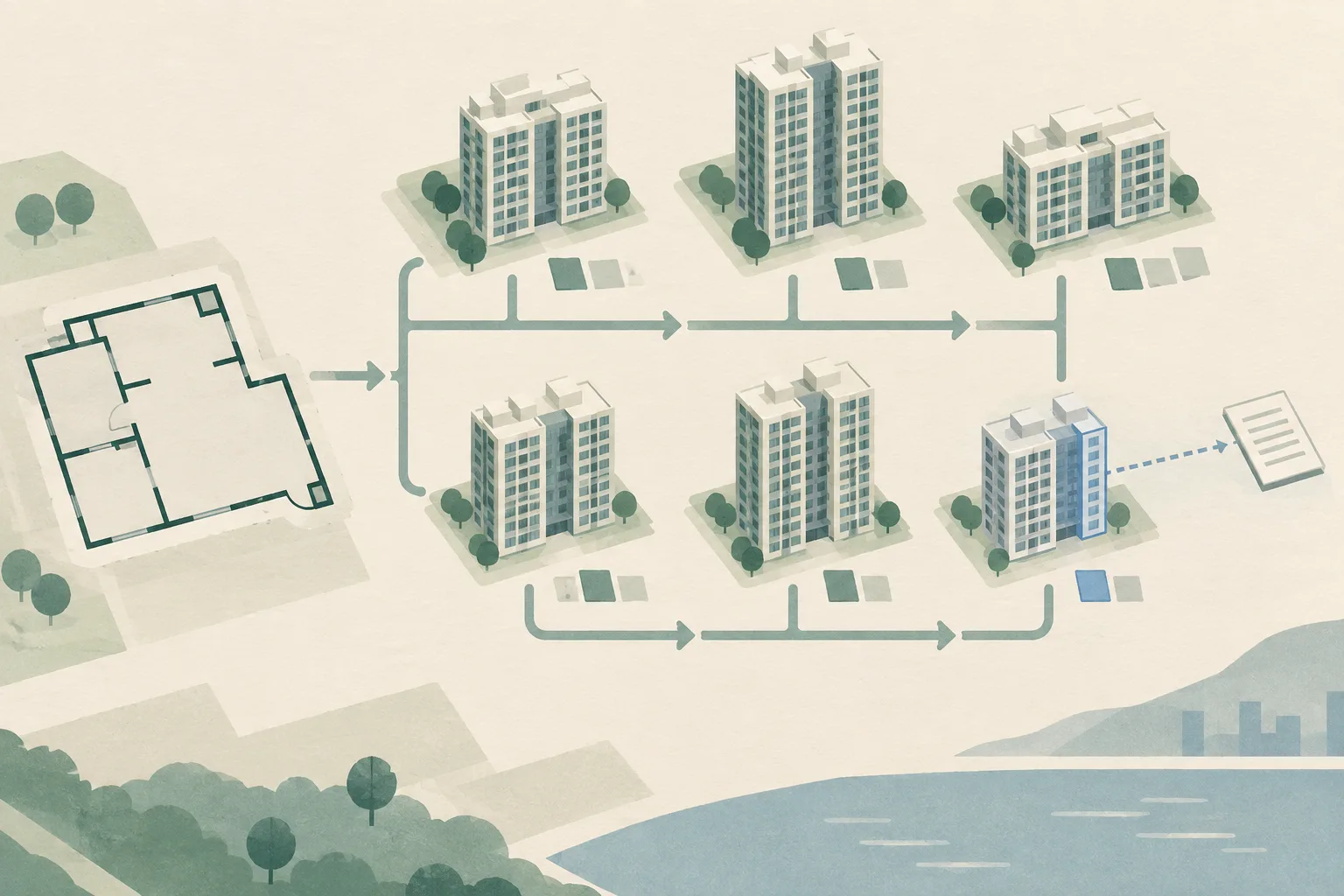A measured paper-cut diagram of intact residential blocks, an empty outlined floorplate, and a separate reserved unit connected by an unfinished geometric link.
