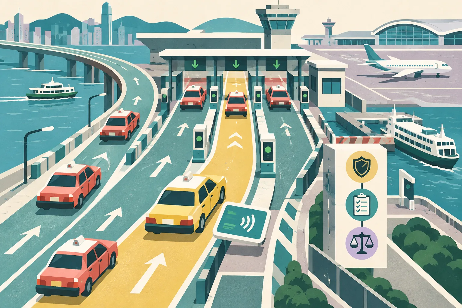 Top-down cut-paper illustration of simplified taxis travelling along direct colored lanes through an abstract Hong Kong transport interchange, with checkpoint markers and an electronic payment card.