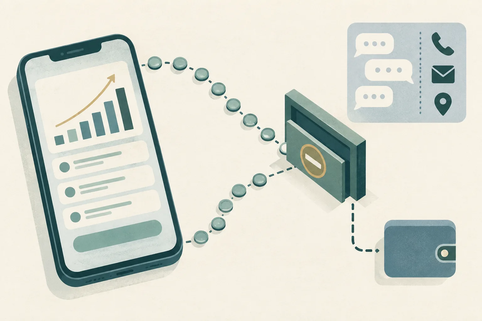 Top-down cut-paper illustration of a generic smartphone showing abstract rising investment bars beside a broken transfer path, a blocked withdrawal gate, separated message bubbles and a small electronic-wallet shape.