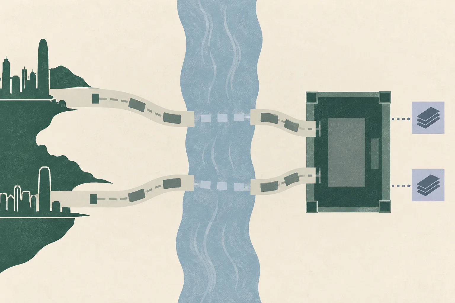 Top-down abstract illustration of two parallel travel routes interrupted by a muted blue river band and ending at a closed dark boundary, with two separate payment blocks placed outside it.