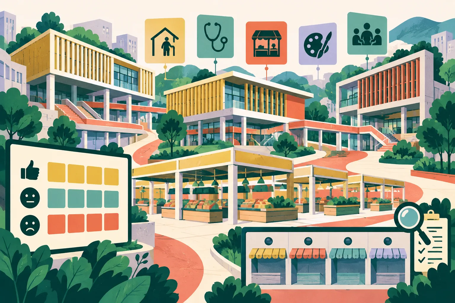 Cut-paper illustration of three simplified future public-market buildings linked by colourful civic-space modules, including abstract service, healthcare, stall and shared-use units, with an open frontage and a small 2028 marker.