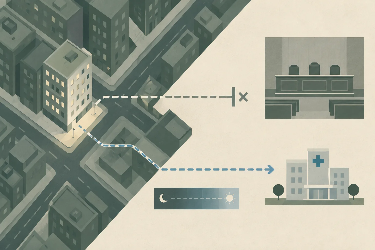 An abstract low-chroma city street grid leads from a residential block toward separated court and medical-outcome panels, with interrupted and continuing route lines showing a distinction between reported injuries and the attributed cause of death.