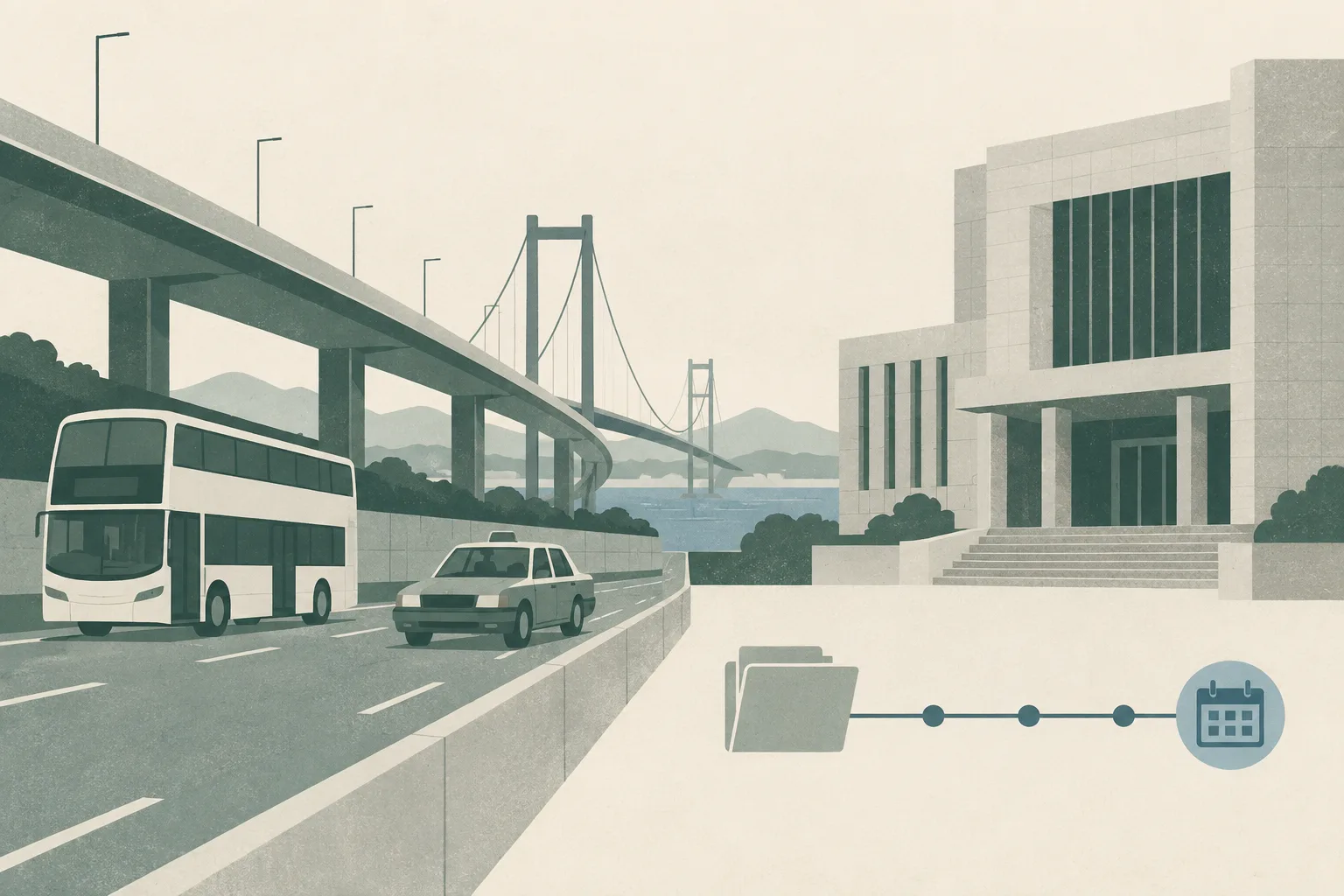 A muted cut-paper illustration shows an empty elevated roadway with separate simplified bus and taxi shapes, leading toward a neutral courthouse block and a restrained case-process line.