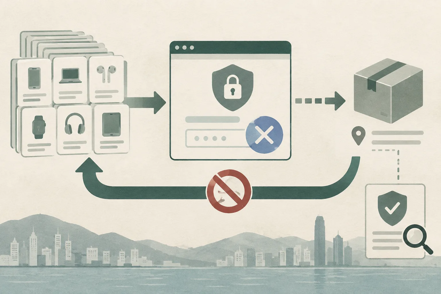 A top-down cut-paper diagram shows grouped order tiles moving through a simplified online checkout path toward a parcel, interrupted by a closed verification gate and a broad cancellation bar. Incomplete address lines and a small shield panel suggest delivery-data problems and a review of safeguards