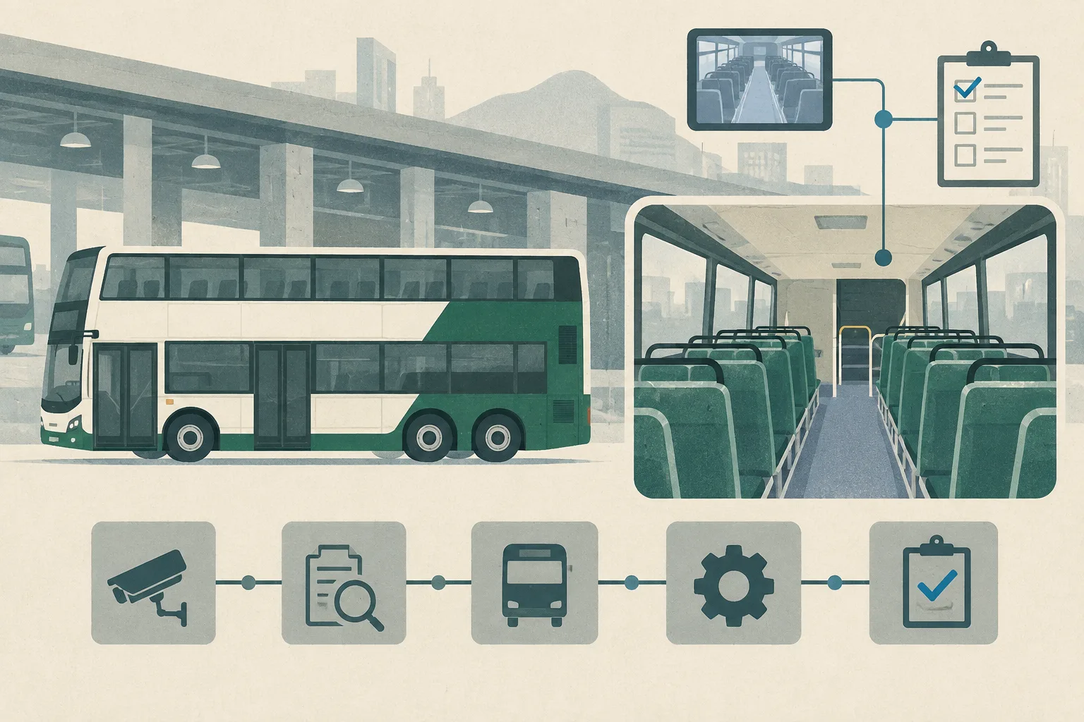 Cut-paper illustration of an empty double-decker bus upper deck at a depot, with an aisle, seat rows, a small CCTV monitor, and a connected inspection checklist symbol.