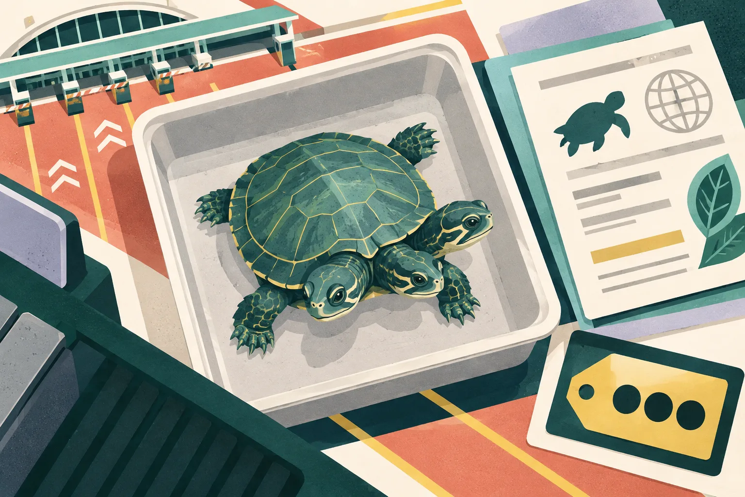 Top-down cut-paper illustration of a two-headed turtle in a customs inspection tray, surrounded by abstract border checkpoint shapes and a blank conservation record card in teal, ochre, coral and lavender.