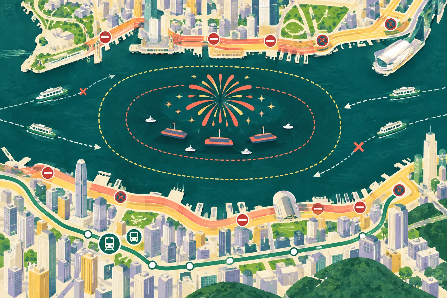 Top-down cut-paper illustration of Victoria Harbour with simplified shore districts, staggered road-closure bands, concentric maritime restriction zones, transit links, floating vessels and a small geometric fireworks burst over the water.