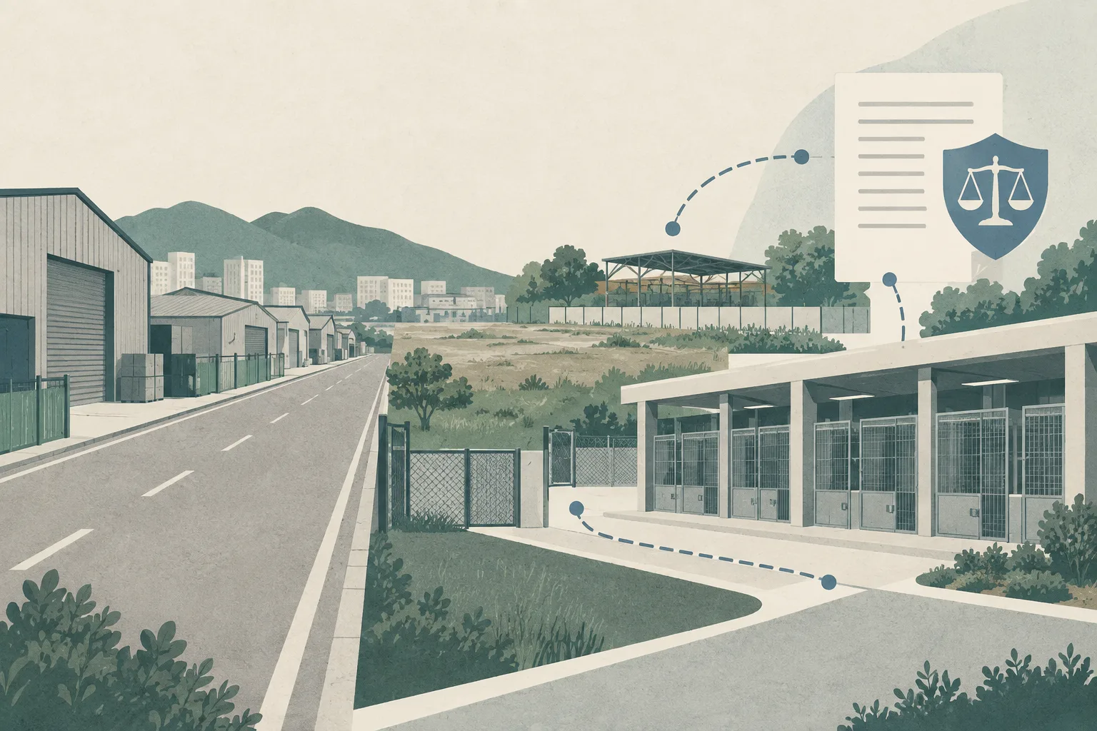 A flat cut-paper illustration of a quiet rural-industrial roadside in Yuen Long connecting warehouse blocks, enclosed animal-management bays, a patrol route and a separate regulatory review panel. No people or animals are shown.
