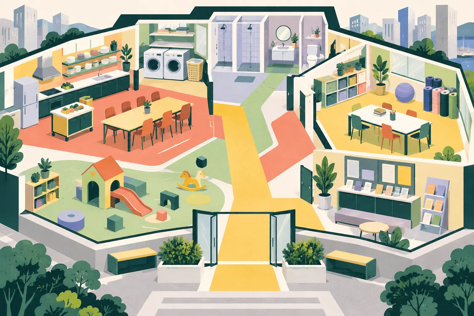 A colourful cutaway illustration of a compact community facility with connected zones for shared cooking, dining, laundry, showers, activities, play and public information.
