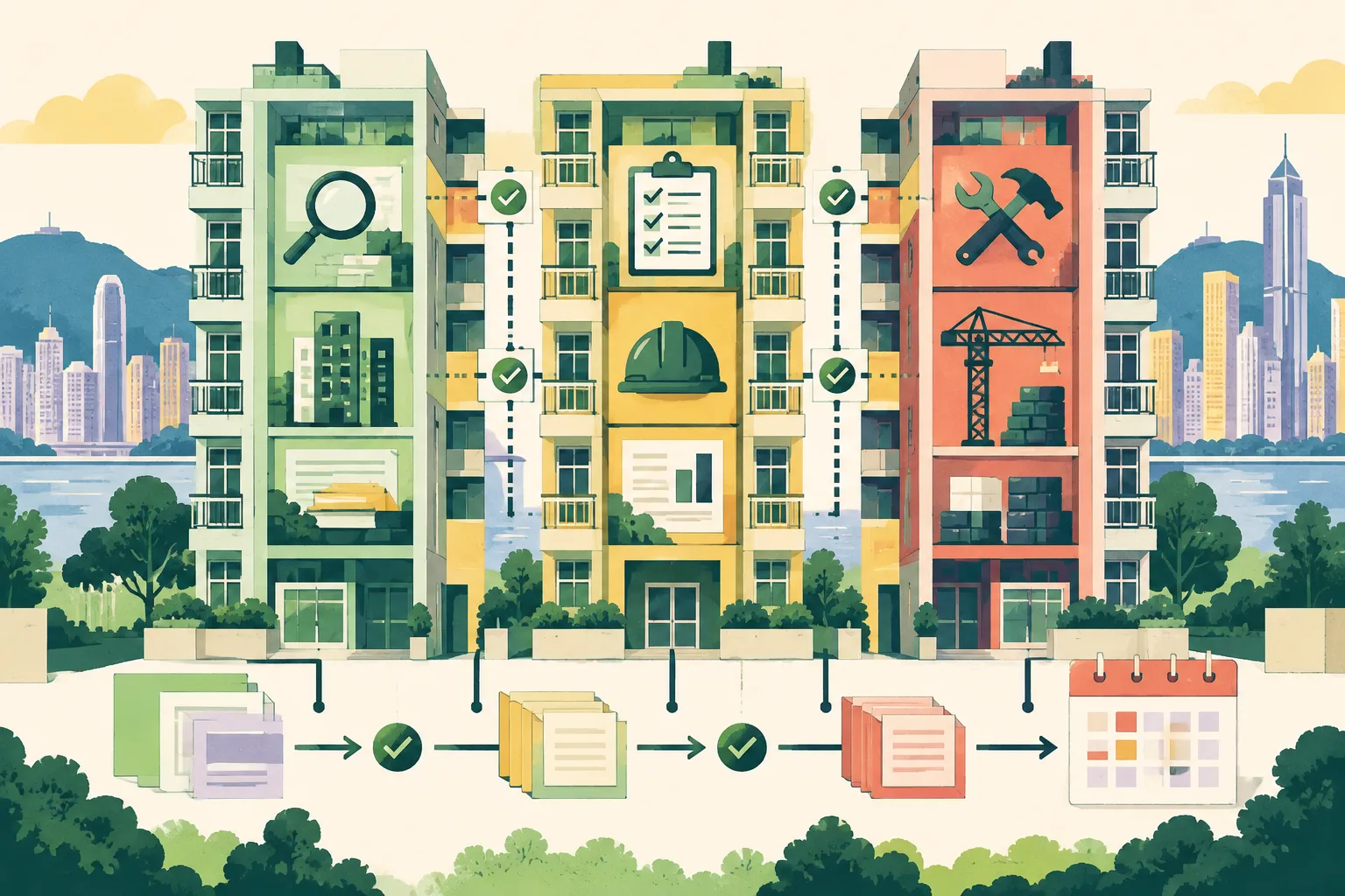 A flat cut-paper illustration of a simplified apartment facade divided into three separated vertical bays, connected by geometric pathways and checkpoint shapes in coral, mineral blue, dusty teal and muted ochre.