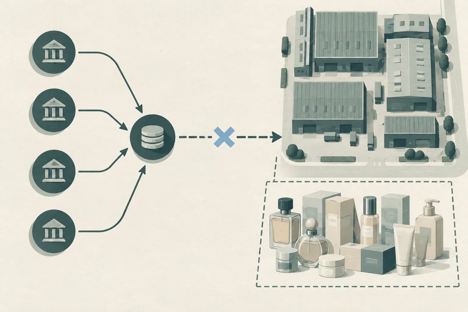 Top-down abstract diagram of an industrial warehouse grid, unbranded perfume bottles and skincare cartons behind a boundary, and several anonymous account nodes linked by an interrupted route.