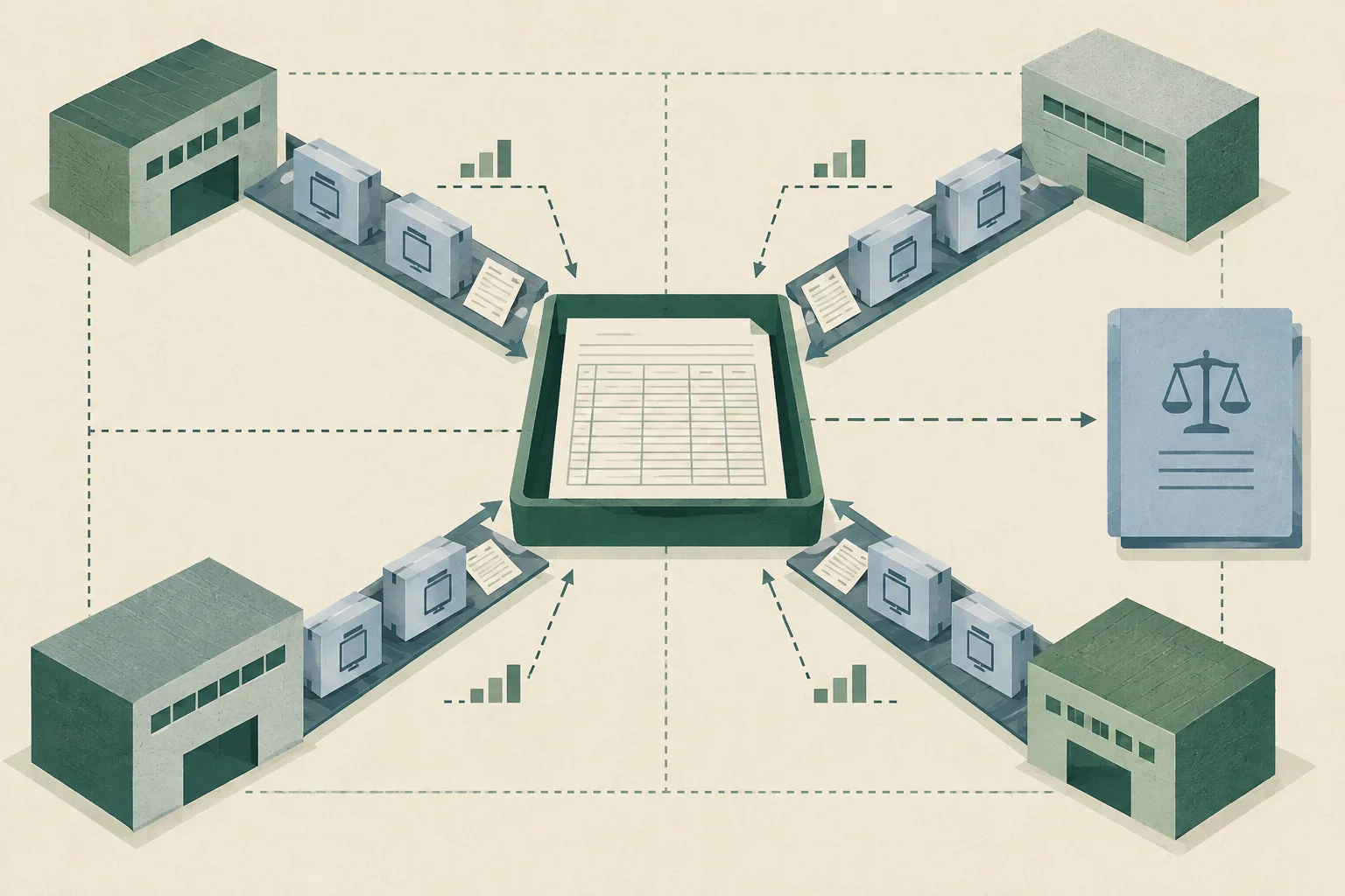 A top-down cut-paper diagram shows a central procurement ledger connected to four supplier blocks carrying small technology-product boxes and order slips. Dotted relationship lines and a neutral court file indicate disputed business links and an ongoing legal process.