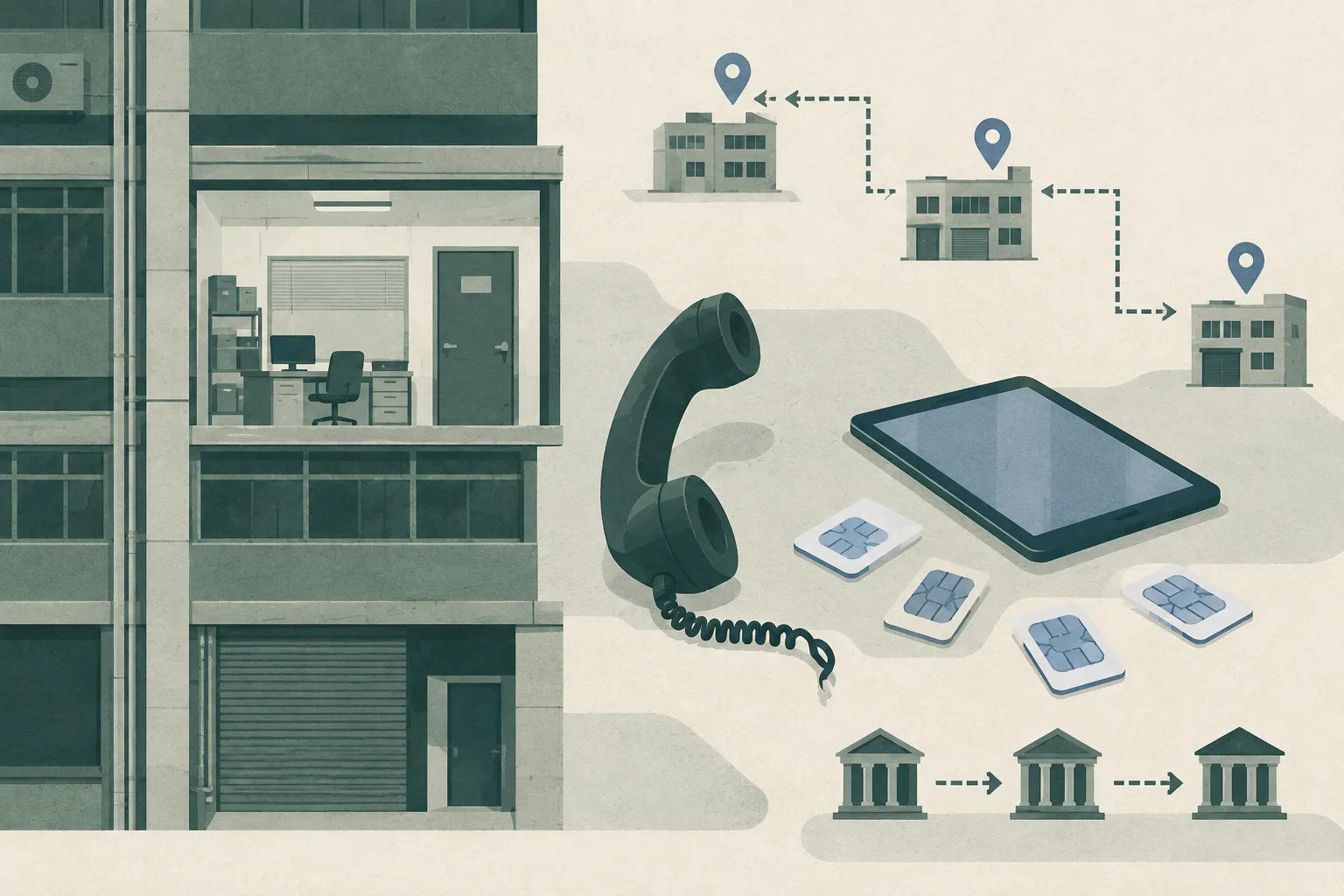 A cut-paper illustration of an anonymous industrial-building unit with a closed office door, a telephone handset, a tablet, loose SIM cards and separated route markers suggesting changing premises and communication links.