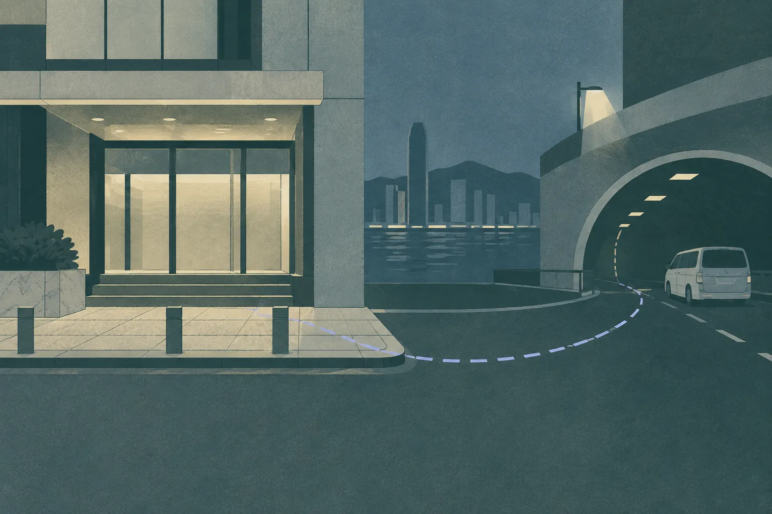 A restrained cut-paper illustration shows an empty urban building entrance on one side and a stationary seven-seater vehicle beside a simplified tunnel entrance on the other, connected by a thin interrupted line in a quiet blue-grey night palette.