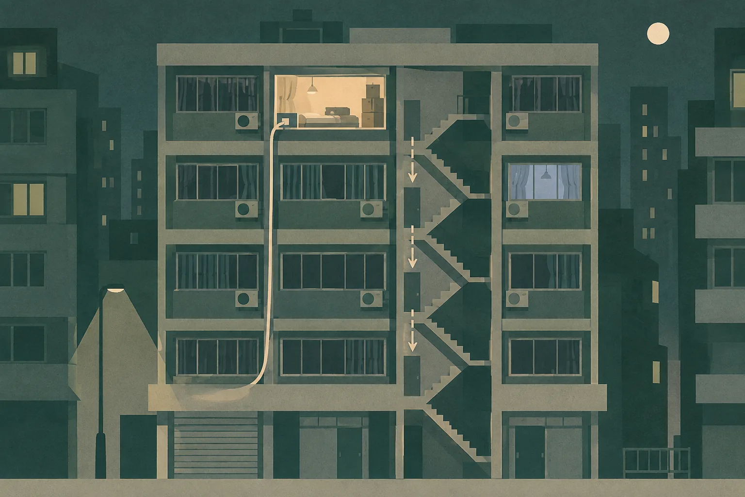A quiet cut-paper elevation of a Mong Kok building at night shows one upstairs unit marked by a contained warm colour block, a hose leading upward, and a clear stair route descending through the building.