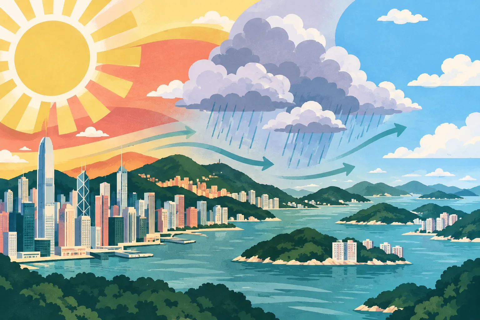 A cut-paper weather diagram shows a hot sun over simplified Hong Kong city blocks and a warmer inland ridge, transitioning through clouds and light rain before opening into a drier blue area.