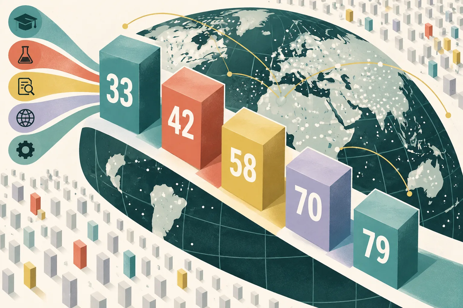 A flat geometric diagram shows five coloured university blocks positioned on a global ranking field at ranks 33, 42, 58, 70 and 79, surrounded by subtle dots representing institutions worldwide and five thin bands for assessment areas.