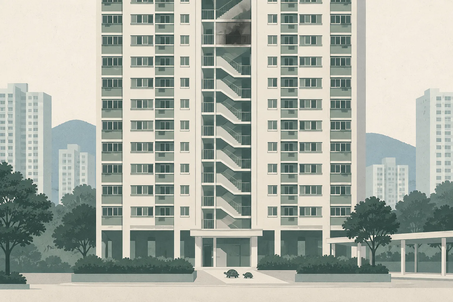 A quiet cut-paper illustration of a high-rise residential block with one interrupted apartment opening, an abstract stair route descending to the entrance, and two small geometric tortoise shells beside the route.