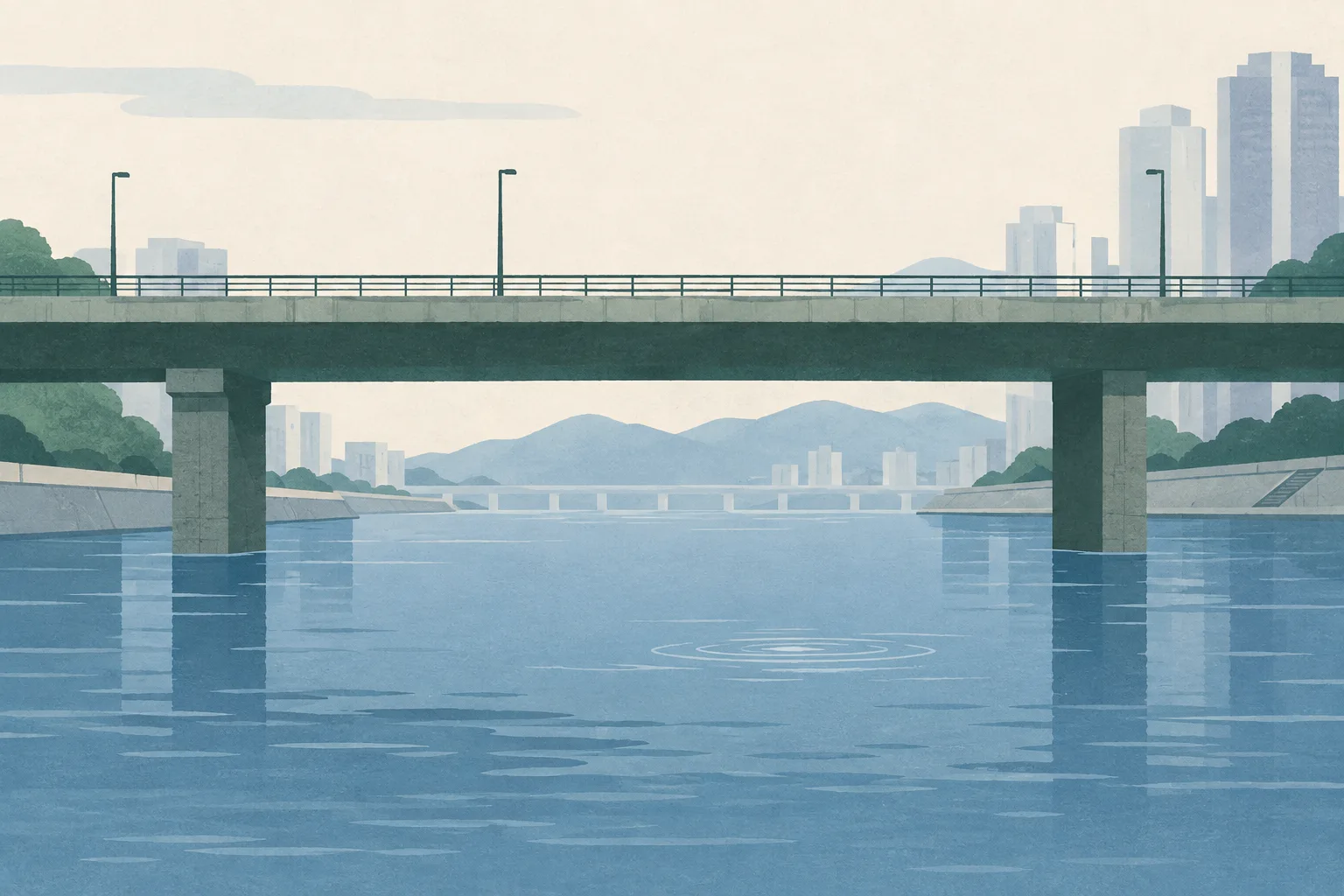 A quiet cut-paper illustration of a generic concrete bridge crossing a blue-grey river channel, with muted riverbanks, pale morning light and sparse ripples beneath the bridge; no people are visible.