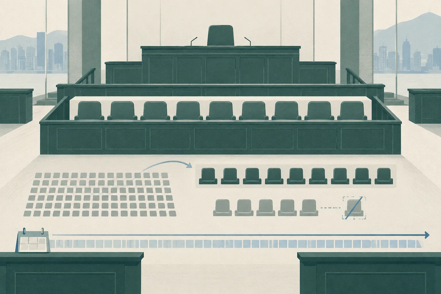 An empty simplified courtroom with nine neutral jury seats, a cluster of candidate tiles leading toward them, one displaced tile, and a long calendar band suggesting an extended trial schedule.