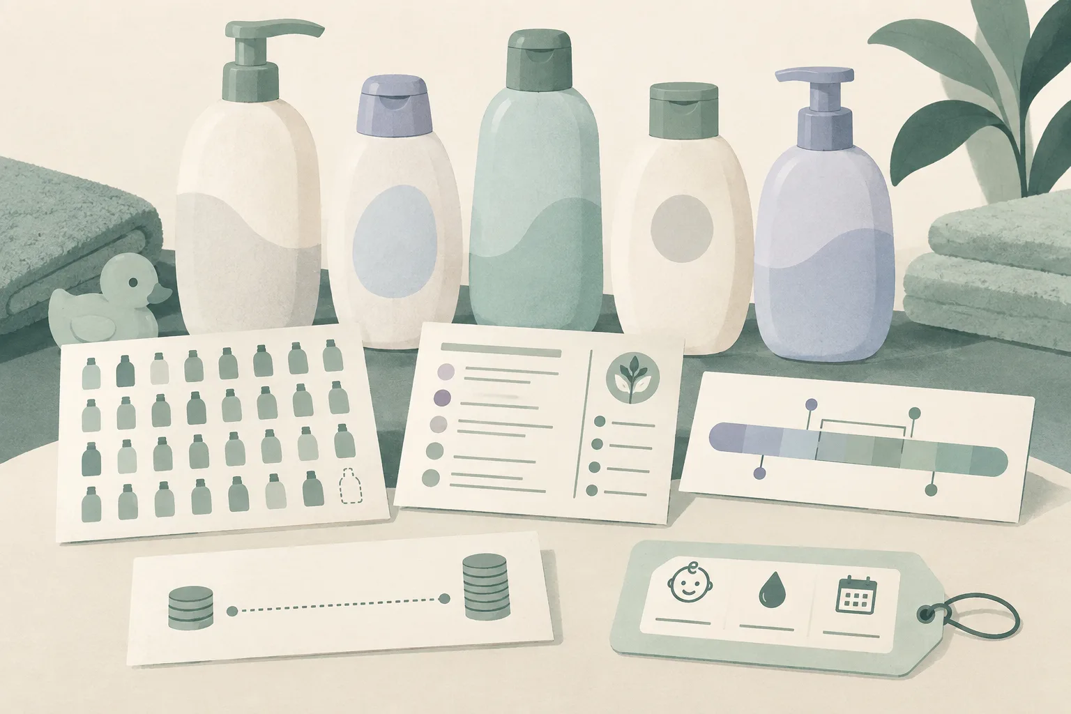 Unbranded baby shampoo and body-wash bottles arranged beside an abstract ingredient list, pH scale, sample grid and price markers on a clean tabletop.