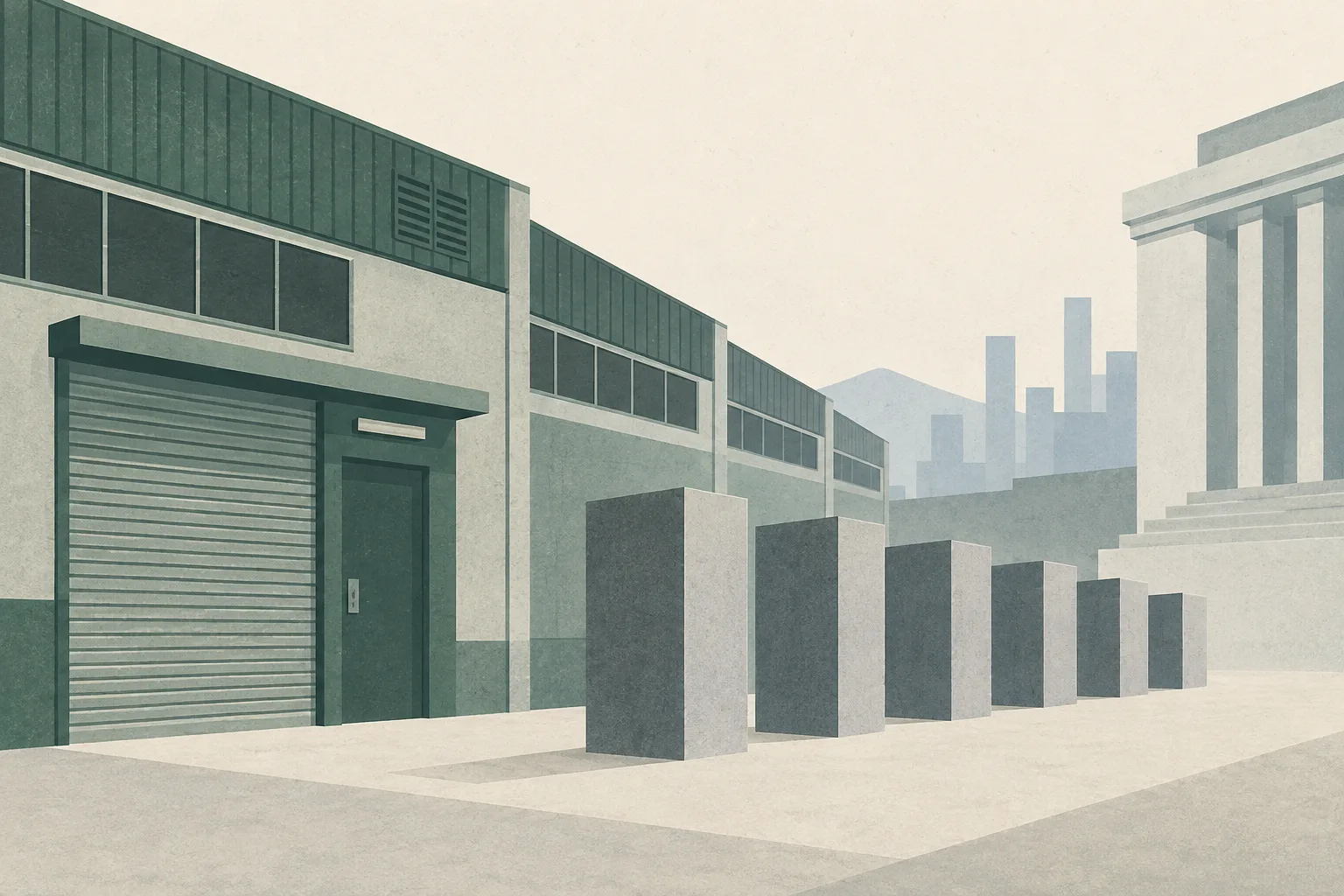 A restrained cut-paper illustration of a generic industrial unit with a closed metal door, a clear boundary line, six receding rectangular blocks and a courthouse-like panel, using muted blue and neutral tones.