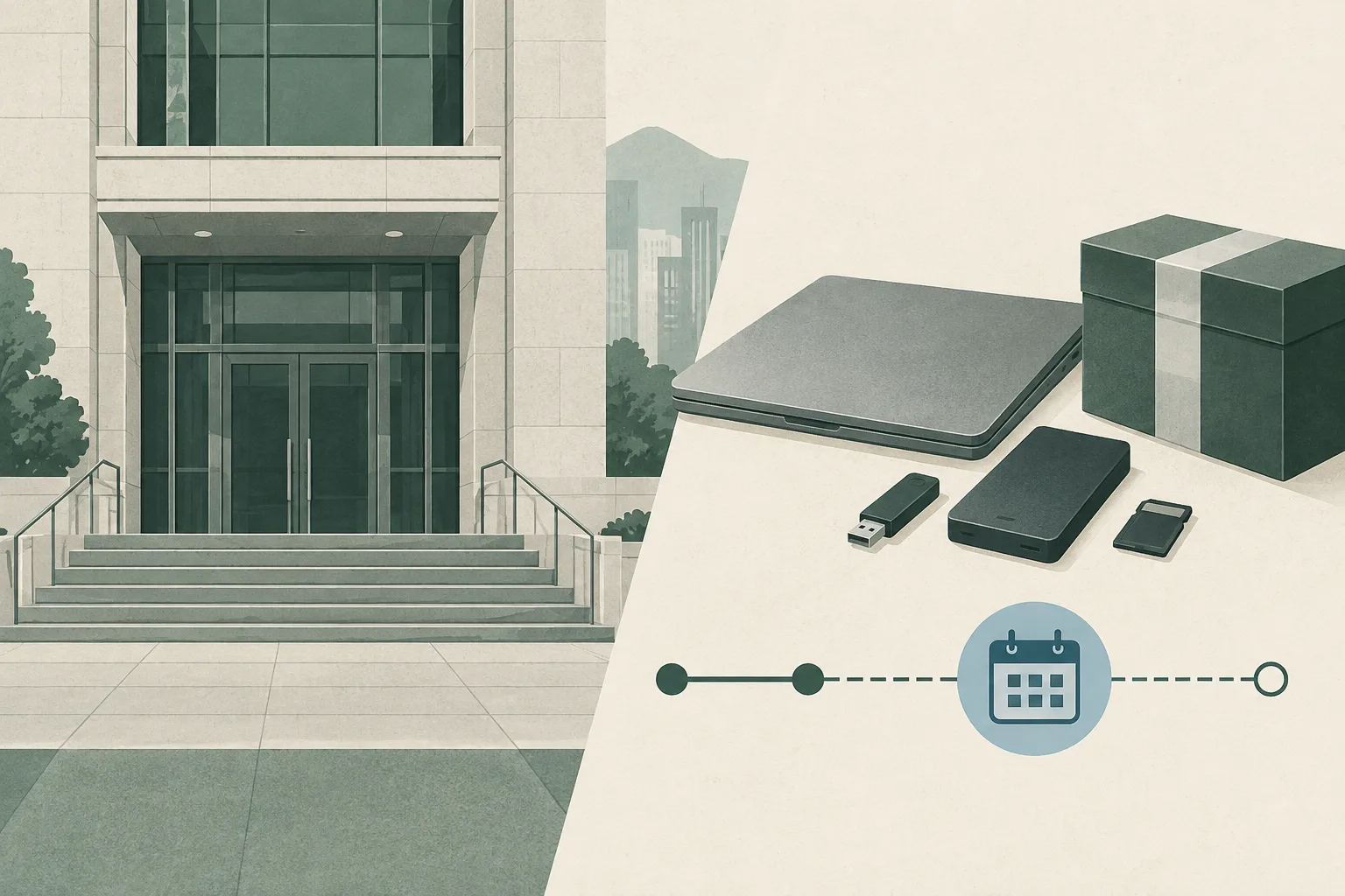 Flat graphic collage of an empty civic court doorway, a closed laptop and storage drives treated as sealed evidence objects, and an interrupted procedural timeline, with no people or readable text.
