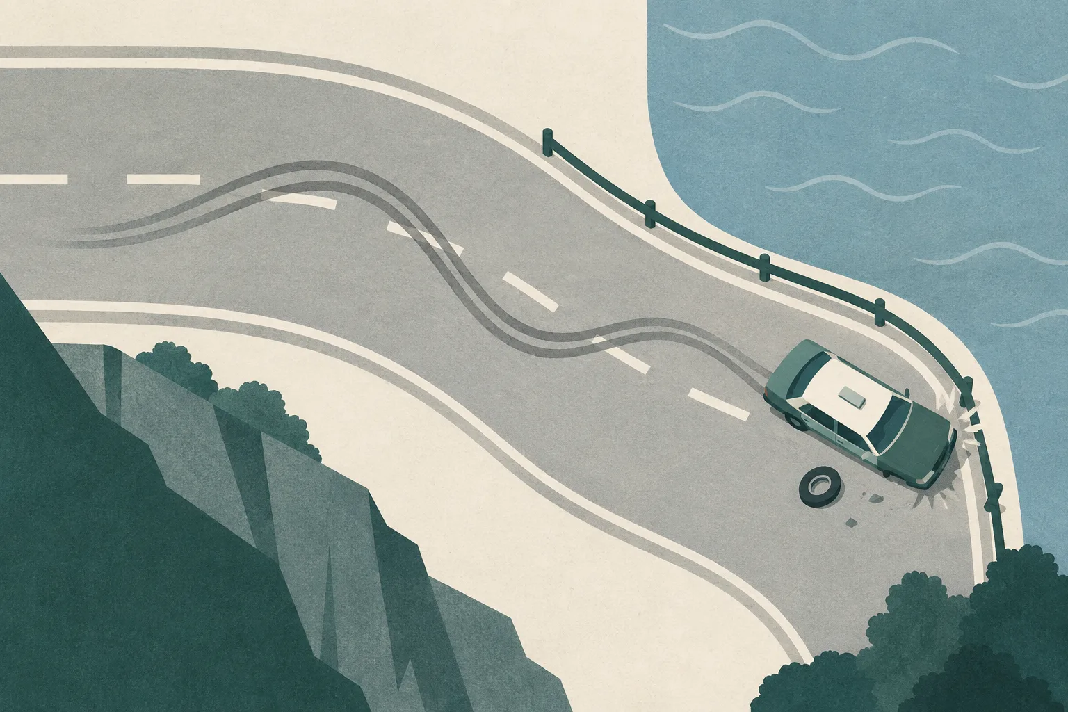 Overhead cut-paper diagram of a simplified taxi following a wavering road toward a roadside barrier, with an interrupted path and a detached tyre nearby; no people are shown.
