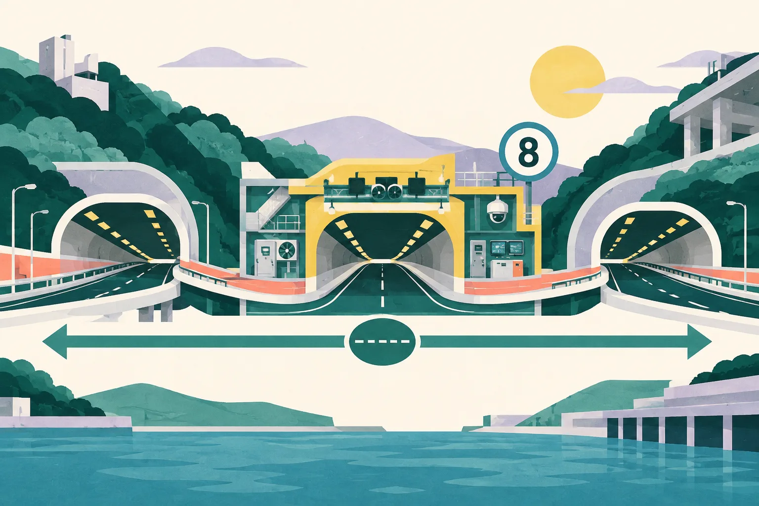 A cut-paper architectural illustration shows three simplified tunnel and road sections joining into one east-west route, with the middle section highlighted as the final connecting piece and a small circular toll marker bearing the number 8.
